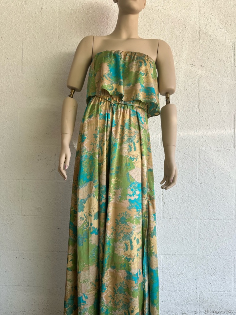 Aakaa Strapless Toile Print Maxi Dress Green Blue Boho S